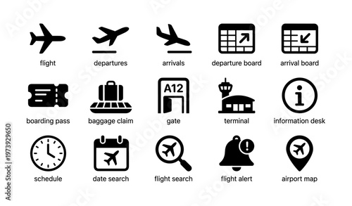 Air travel icons: flight, departures, arrivals, boarding, baggage, gate