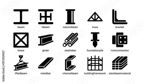 Construction icons: beam types, trusses, brackets, steel rods, frameworks, and building materials