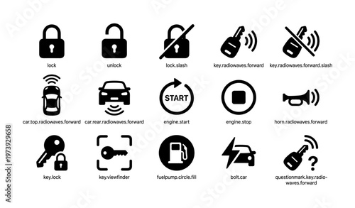 Car security icons: locks, keys, signals, engine, horn, fuel pump, bolt