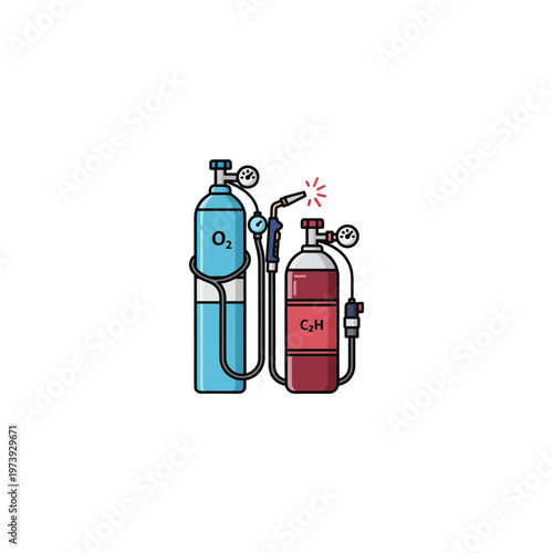 Industrial gas welding equipment with oxygen and acetylene tanks