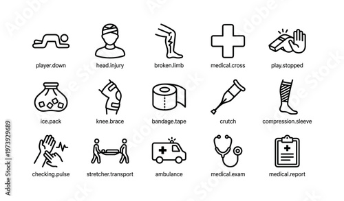 Sports injury icons: medical aid and recovery symbols