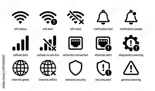Internet connection status icons: wifi, ethernet, security alerts