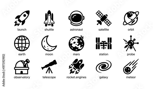 Space exploration icons set featuring rocket, astronaut, satellite, and telescope
