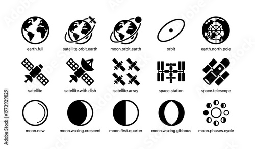 Earth moon space symbols: orbit, satellite, telescope, station