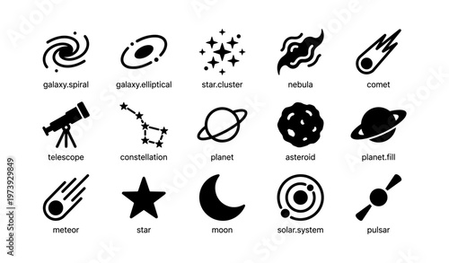 Astronomy symbols: galaxy, comet, telescope, planet, moon, solar system