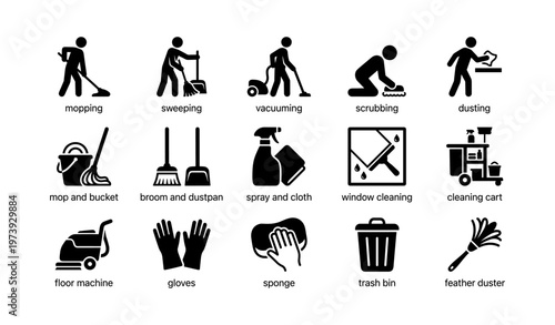 Cleaning activity icons: mopping, sweeping, vacuuming, scrubbing, dusting, tools, equipment
