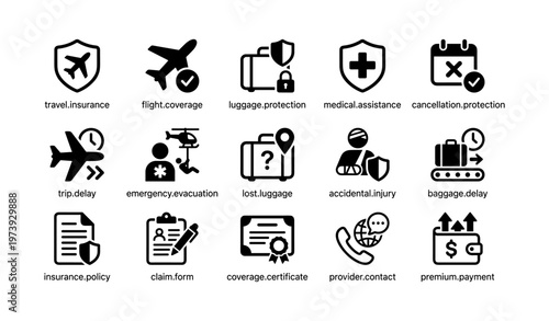 Travel insurance icons set depicting coverage for trip issues and emergencies