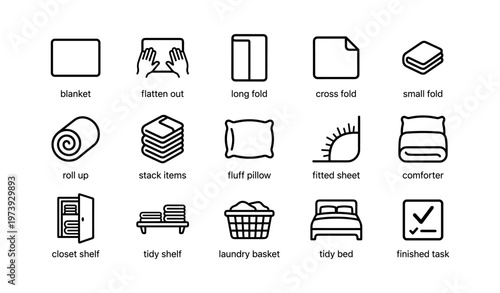 Laundry icons: folding, stacking, organizing techniques illustrated