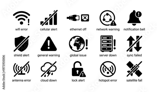 Internet and network error icons: wifi, cellular, ethernet, global, server, cloud alerts