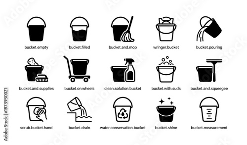Collection of cleaning and utility icons featuring buckets and supplies