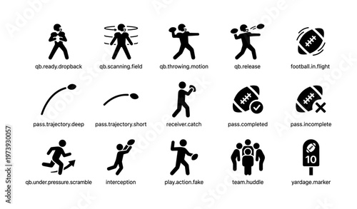 American football icon set featuring players, passes, and tactics