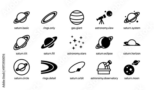 Simple saturn icons set featuring rings, telescope, and observatory designs