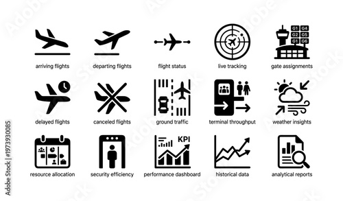 Airport operations icons with airplanes, control tower, data, charts