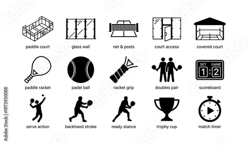 Paddle tennis elements: court, equipment, and gameplay icons