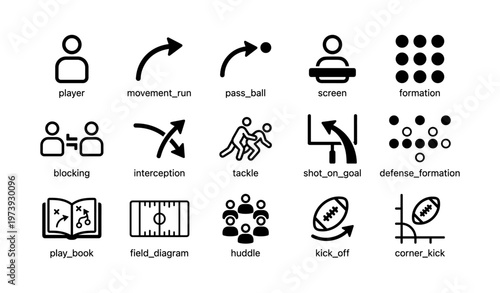 Football icons set: player, tackle, kickoff, play book, pass ball, defense formation