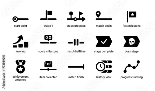 Game icons: stages, milestones, progress, achievements, tracking symbols