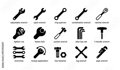 Comprehensive icons of various wrenches and tools for mechanical use