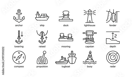 Nautical icon set featuring anchor, ship, lighthouse, and navigation symbols