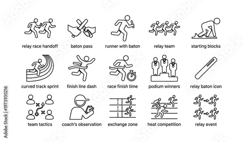 Relay race icons: runners, baton pass, podium winners, team tactics, competition events