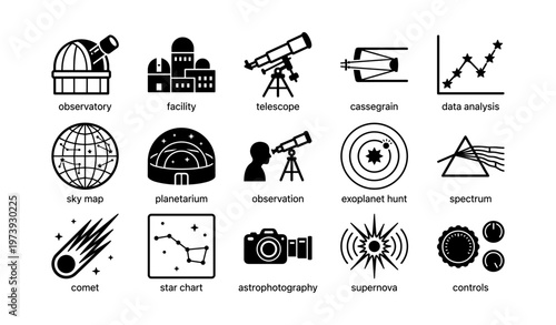 Astronomy icons: telescope, observatory, planetarium, exoplanet, supernova