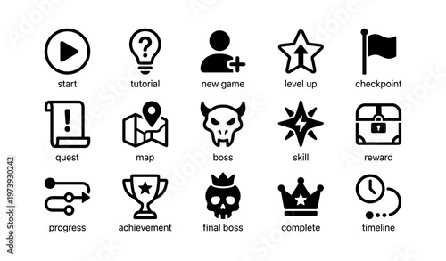 Video game icons set: start, level up, quest, boss, achievement, reward, timeline