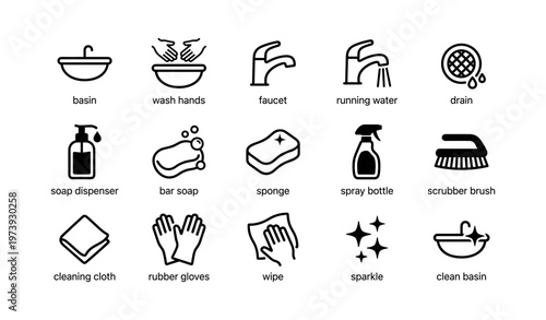Household cleaning and hygiene icons set with basin, hands, soap, sponge, and brush