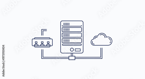 Data center server connected to cloud and network hub line icon illustration.