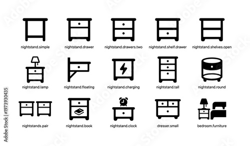 Diverse nightstand designs: drawer, shelf, lamp, charging, clock icons