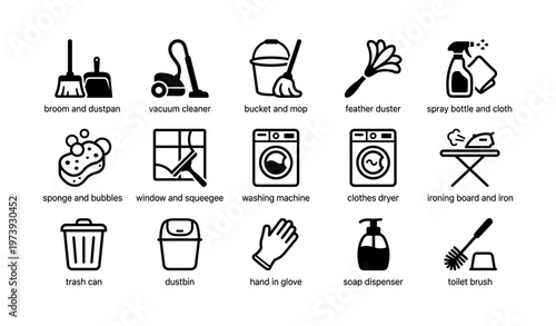 Household cleaning tools icons including vacuum, mop, and washing machine