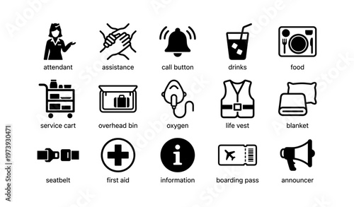 Airplane safety icons collection: attendant, life vest, oxygen mask, and more