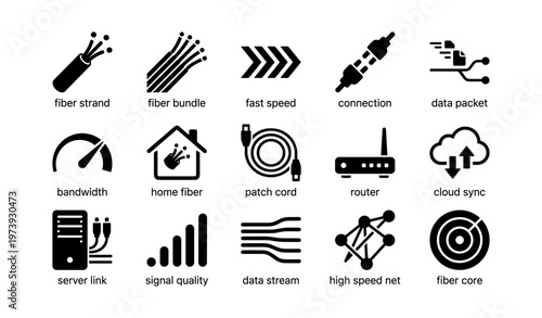 Icons representing high-speed internet: fiber, connection, data, router, bandwidth