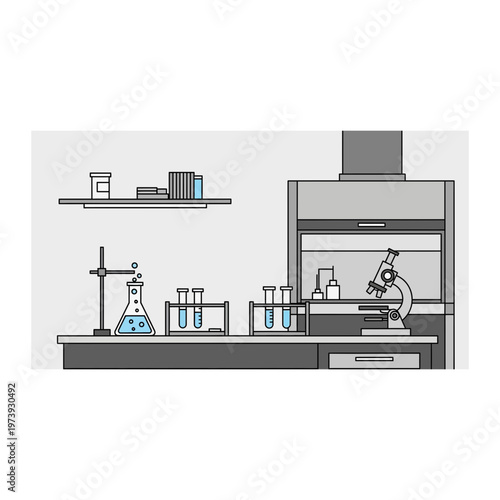 Scientific lab bench with microscope and glassware