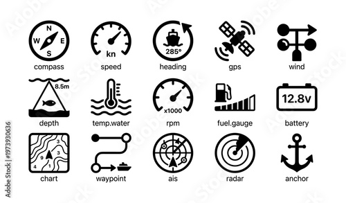 Set of nautical and marine icons for navigation and monitoring