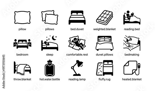 Icons of sleep and comfort: pillows, bed duvet, weighted blanket, reading lamp