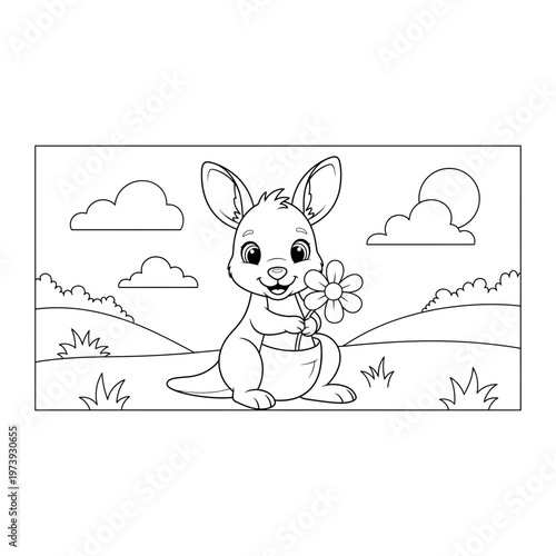 Cute baby kangaroo holding a flower outline
