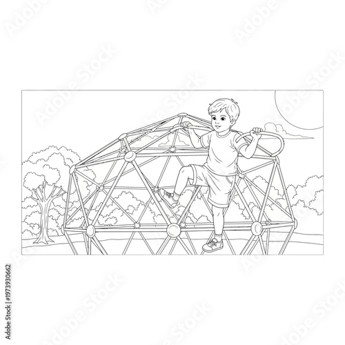 Child climbing on geodesic dome playground