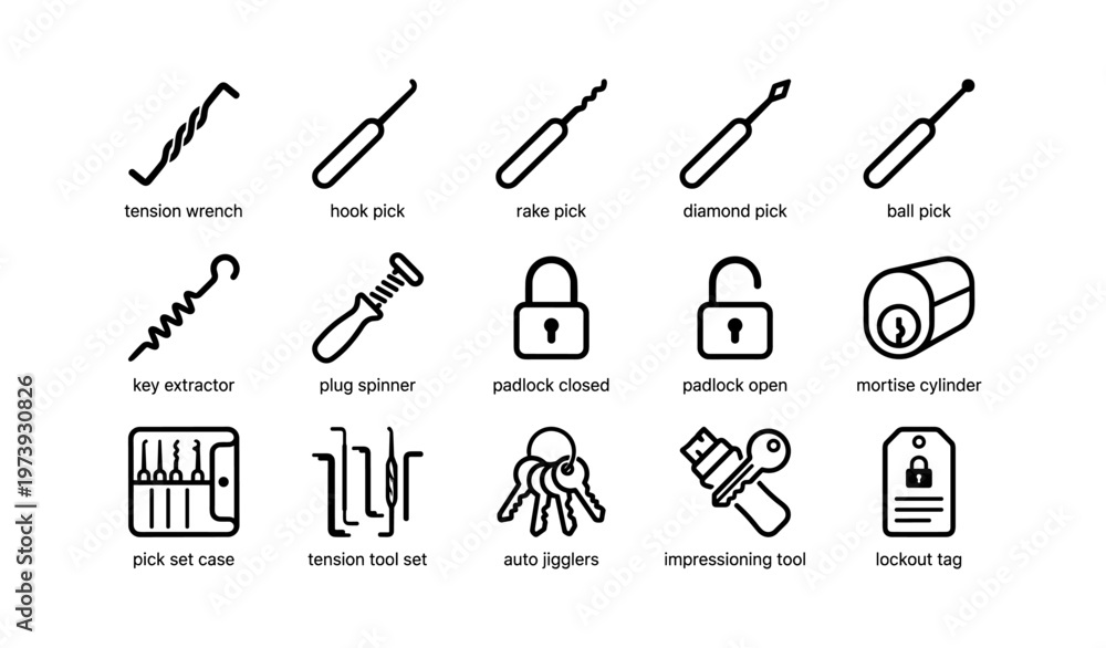 Fototapeta premium Locksmith tools set: tension wrench, hook pick, padlocks, mortise cylinder