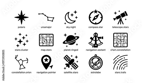 Icon set: stars, navigation, and celestial symbols