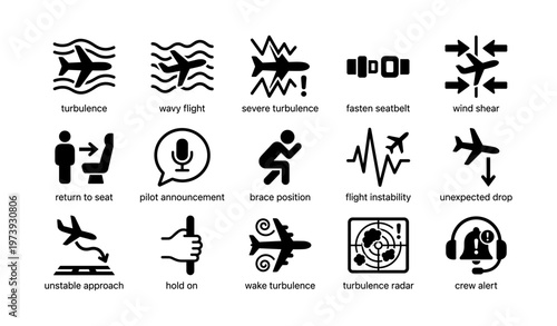 Aviation safety icons: turbulence, seatbelt, pilot, flight instability, brace position