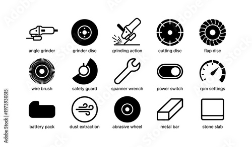 Power tool icons: grinder disc, safety gear, abrasive wheel, battery pack