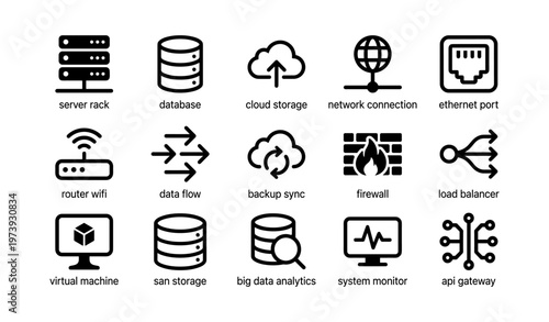Network and data infrastructure icons: cloud, server, firewall, analytics