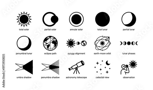 Astronomy icons: eclipses, phases, telescopes, and celestial symbols