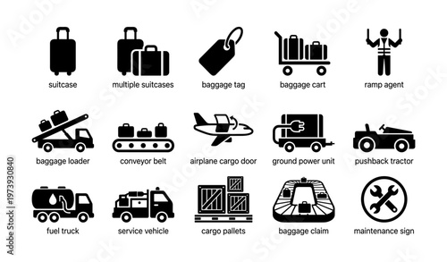 Airport icons: suitcases, baggage cart, airplane cargo, ground crew, service vehicles