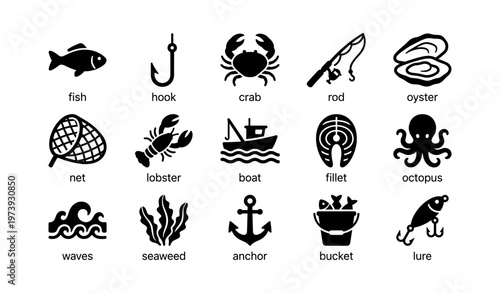 Icon set of fishing and seafood symbols with marine life and equipment