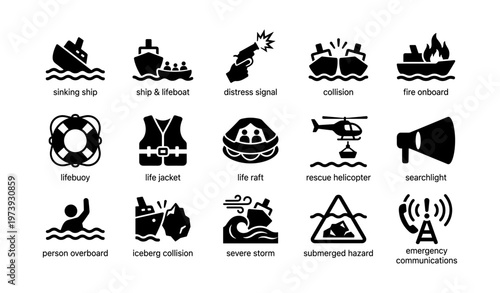 Maritime safety icons: rescue helicopter, life raft, distress signal, life jacket, collision