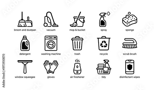 Cleaning essentials icons set: vacuum, broom, spray, detergent, sponge, recycle bin