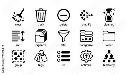 Set of minimalist icons for cleaning organization and data management
