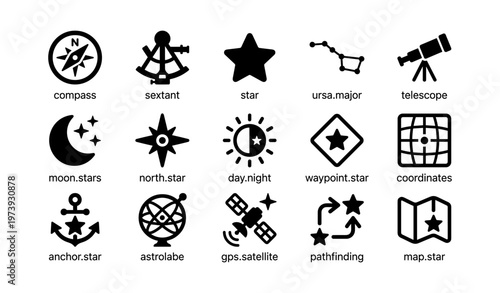 Astronomy symbols: compass, telescope, stars, constellations, navigation tools