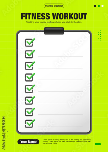 Cool fitness workout checklist template. Black and neon green colour vector design for planner, organiser.