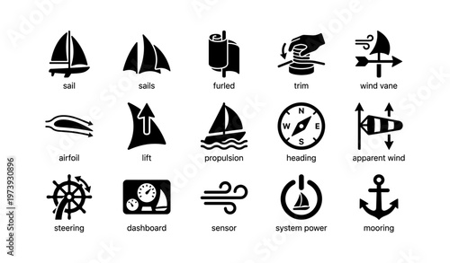 Nautical icons: sailboat, wind vane, dashboard, steering wheel, anchor symbols